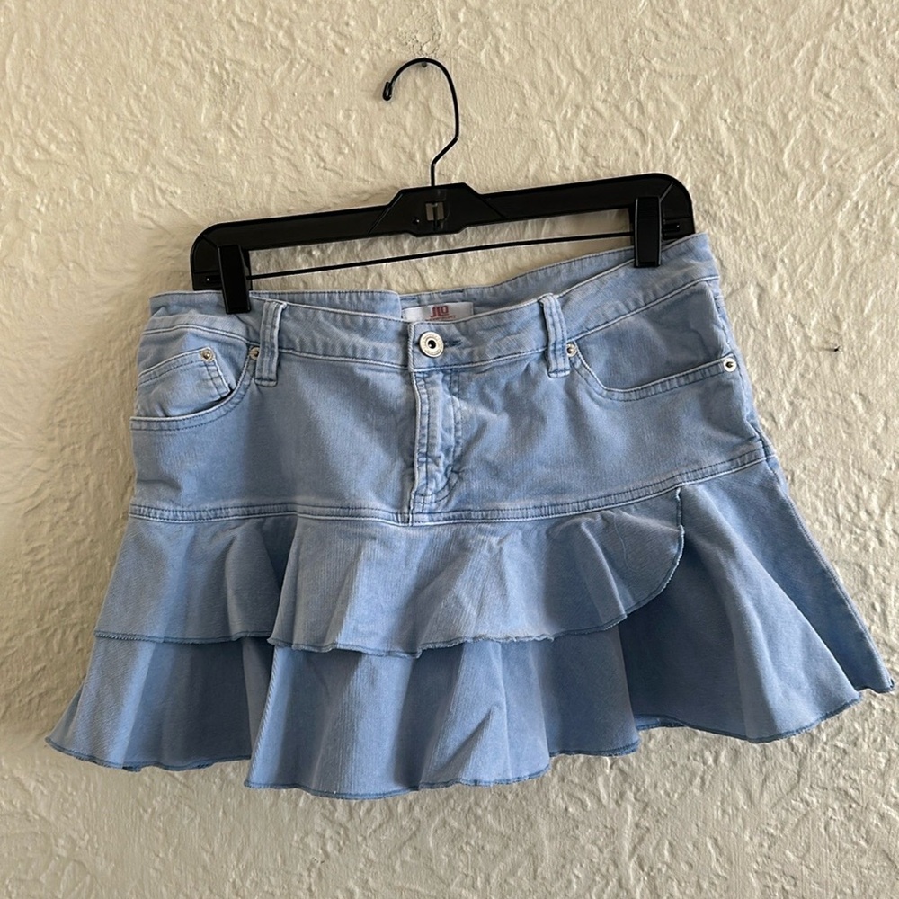 J. Lo y2k 2000s Low Rise Ruffle Mini Skirt Baby Light Blue Velvet Corduroy